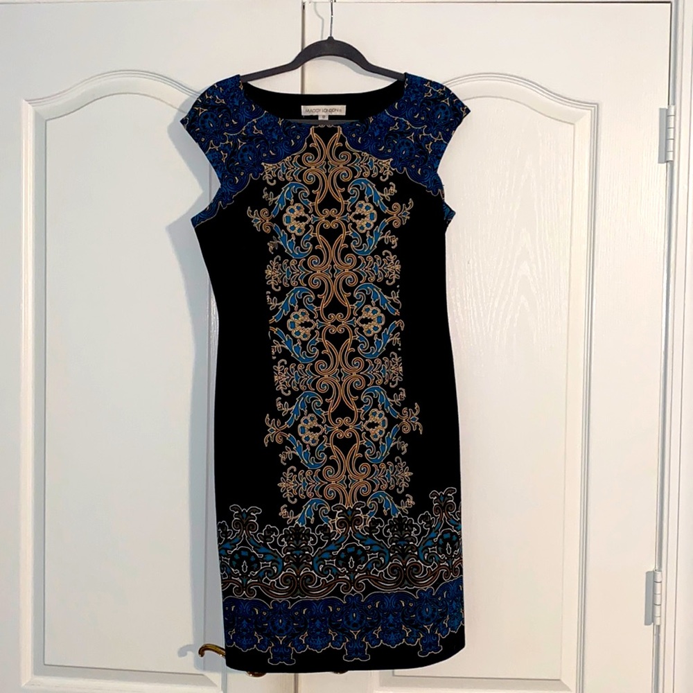 Maggy London, size 12, multi-colored, knee-length, form-fitting dress.